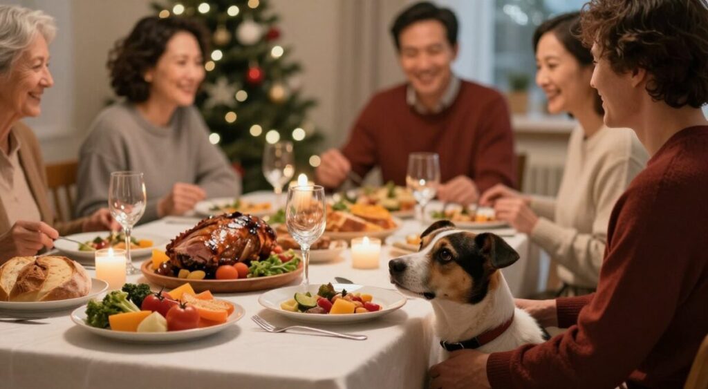 A cozy holiday dining scene during a festive gathering, featuring a beautifully set table with a rich feast, including roasted meats, breads, and colorful vegetables. In the foreground, a curious dog looks up at the table, surrounded by a warm glow from candles. The middle of the scene shows family members dressed in modest casual clothing, interacting joyfully, with gentle smiles and laughter, enjoying the atmosphere. The background features a decorated tree and holiday ornaments, creating a sense of celebration. Soft, warm lighting enhances the inviting mood, while a shallow depth of field directs focus towards the dog and the food, emphasizing the theme of pet safety during festive meals.