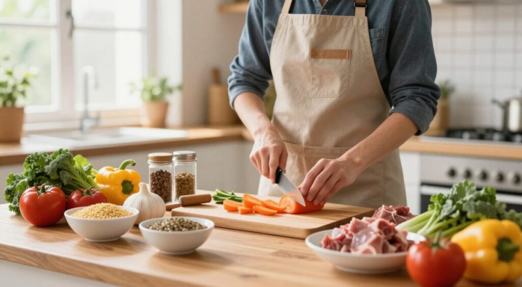 A cozy, inviting kitchen setting featuring a professional-looking person in a neat apron, preparing healthy meals for pets. The foreground includes fresh ingredients like vegetables, grains, and lean meats displayed on a wooden table, with bowls neatly arranged. In the middle, the person is chopping vegetables with a focused expression, surrounded by colorful produce and pet-safe seasoning jars. The background shows a bright window allowing natural sunlight to flood in, enhancing the warm atmosphere. The scene is captured with a shallow depth of field, emphasizing the person and the ingredients while softly blurring the kitchen backdrop. The overall mood is vibrant, health-conscious, and nurturing, celebrating the joy of preparing nutritious meals for pets. A cozy, inviting kitchen setting featuring a professional-looking person in a neat apron, preparing healthy meals for pets. The foreground includes fresh ingredients like vegetables, grains, and lean meats displayed on a wooden table, with bowls neatly arranged. In the middle, the person is chopping vegetables with a focused expression, surrounded by colorful produce and pet-safe seasoning jars. The background shows a bright window allowing natural sunlight to flood in, enhancing the warm atmosphere. The scene is captured with a shallow depth of field, emphasizing the person and the ingredients while softly blurring the kitchen backdrop. The overall mood is vibrant, health-conscious, and nurturing, celebrating the joy of preparing nutritious meals for pets.