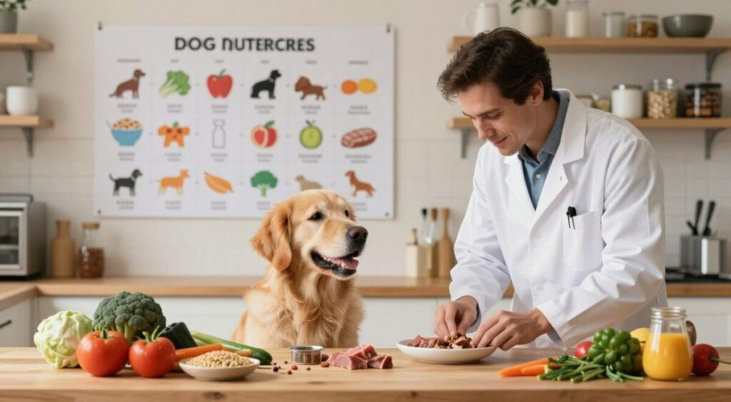 A cozy kitchen scene featuring a professional-looking dog nutritionist, dressed in a white lab coat, carefully preparing a balanced meal for a dog. In the foreground, a variety of fresh ingredients including vegetables, grains, and meat portions are artistically arranged on a wooden countertop. The dog, a happy Golden Retriever, sits attentively nearby, looking at the chef. In the middle ground, a large, colorful chart depicting dietary guidelines tailored for dogs of different ages and activity levels is visible on the wall. Soft, warm lighting creates an inviting atmosphere. The background includes shelves filled with dog food and health books, enhancing the thematic focus on proper canine diet planning. The overall mood is professional yet approachable, emphasizing the importance of tailored nutrition for dogs.