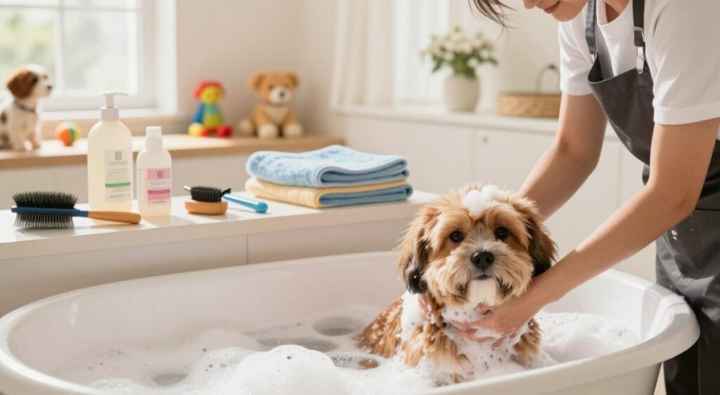 A cozy pet grooming scene showcasing essential hygiene practices for pets. In the foreground, a professional pet groomer, dressed in neat business attire, gently bathes a fluffy dog in a bathtub filled with bubbles. The middle layer features various grooming tools like brushes, pet shampoo, and towels neatly arranged on a counter. The background includes a sunny, inviting room with pet-friendly décor, like colorful pet toys and a window with soft, natural light streaming in, creating a warm and calming atmosphere. Emphasize a sense of care and tenderness, capturing the bond between the groomer and the pet, with a focus on hygiene and well-being.