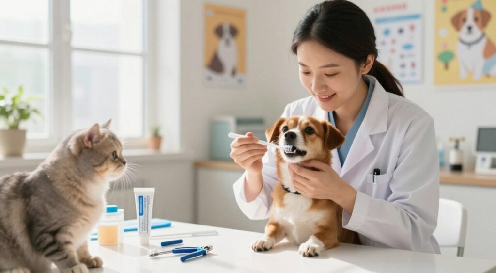 A cozy veterinary clinic setting, featuring a professional veterinarian in a white lab coat, gently examining a dog's mouth, showcasing the importance of dental hygiene in pets. In the foreground, a small dog with shiny fur sits calmly, while a cat observes nearby. The veterinarian holds a toothbrush and pet toothpaste, illustrating oral care. In the middle, a table displays pet grooming tools like nail clippers and paw balm, emphasizing paw care. In the background, soft, natural lighting streams in from a window, and colorful pet care posters adorn the walls, creating a warm and welcoming atmosphere. The mood is informative yet friendly, inspiring pet owners to prioritize their pets' oral and paw care routines.
