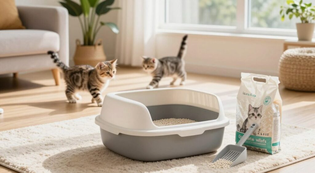 A cozy, well-lit indoor space featuring a clean cat litter box as the focal point in the foreground, surrounded by pet care supplies like a scoop and bag of cat litter. In the middle ground, a couple of playful kittens explore their tidy environment, showcasing the importance of hygiene. The background includes a cheerful living room setting with a potted plant and a soft rug, reflecting a nurturing atmosphere. Natural sunlight streams through a large window, creating warm highlights and gentle shadows. The overall mood is fresh and inviting, emphasizing a clean, safe space for pets. The image captures the essence of maintaining a hygienic environment for feline companions.