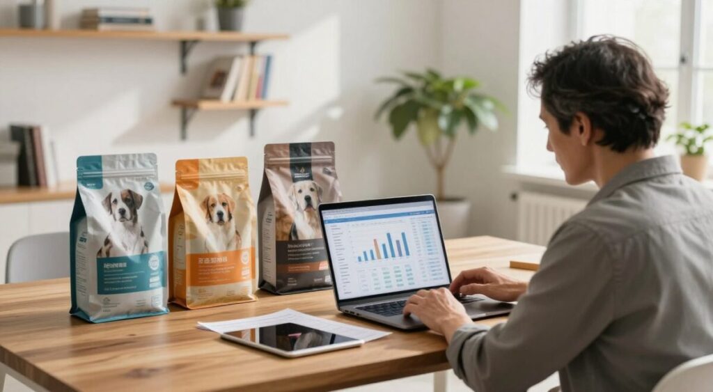 A modern, minimalist workspace featuring a professional analyzing pet food options. In the foreground, a focused middle-aged individual in smart casual attire is studying a laptop screen displaying graphs and budgeting tools, with a tablet and spreadsheets beside them. The middle section includes a variety of pet food packages, showcasing different brands and price points, arranged aesthetically on a sleek wooden table. The background is softly blurred, revealing shelves with pet care books and a potted plant, creating an inviting, informative atmosphere. Natural light filters through a window, casting gentle shadows and enhancing the warm, analytical mood of the scene, with a lens perspective that draws the viewer's attention to the analysis process.