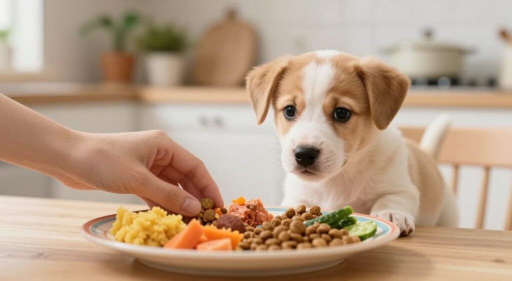 A serene and nurturing scene depicting the transition from breast milk to solid foods for puppies. In the foreground, a diverse assortment of puppy-safe solid foods, like mashed vegetables and soft puppy kibble, is arranged on a colorful plate. A gentle, caring hand reaches towards the food, symbolizing guidance. In the middle ground, a lively puppy with bright eyes and a curious expression is exploring the food, showcasing excitement and curiosity. The background features a warm, softly lit kitchen environment, with plants and simple decorations to convey a homely atmosphere. Use soft lighting to create a cozy feel, and a slight depth of field effect to focus on the puppy and food, inviting the viewer into this important moment of development.