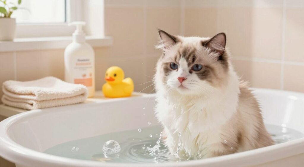 A serene bathroom setting designed for washing a cat. In the foreground, a fluffy, contented cat sits in a shallow tub, warm water gently splashing around its paws, with a few bubbles forming on the surface. The cat is looking relaxed, with its fur glistening softly in the warm light. In the middle ground, a neatly arranged selection of pet grooming supplies, including shampoo, a soft towel, and a rubber duck, adds an inviting touch. The background features soft pastel-colored walls and natural light streaming in from a window, creating a calm atmosphere. The focus is on the cat’s grooming experience, highlighting safety and care methods in a cozy, clean environment.
