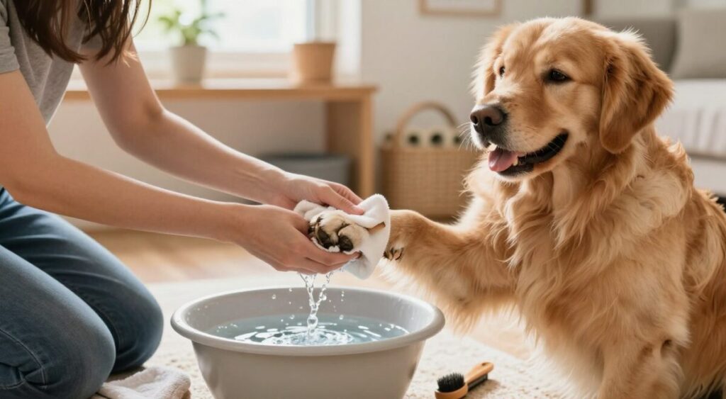A serene indoor setting featuring a person gently cleaning the paws of a cheerful dog. In the foreground, the person kneels, holding a soft cloth, carefully wiping the dog's paws, which are muddy from outdoor play. The dog, a golden retriever with a shiny coat, looks relaxed and content. In the middle ground, a small basin filled with warm water and pet-safe shampoo adds to the scene, along with dog grooming tools like a brush and a towel. Soft, natural lighting filters through a nearby window, creating a warm and inviting atmosphere. The background is filled with pet-friendly decorations, giving it a homely feel, emphasizing the importance of pet hygiene.