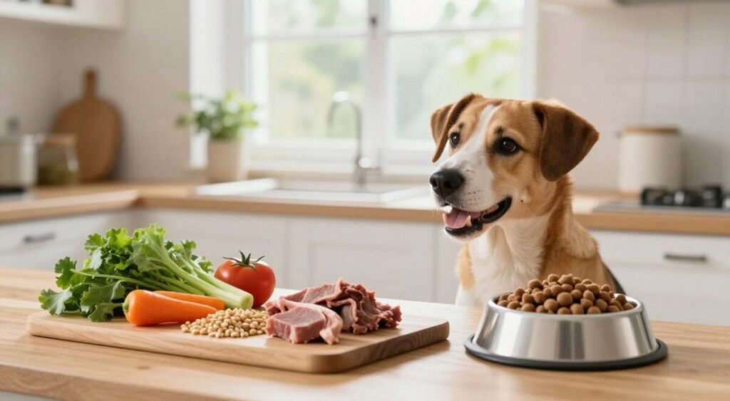 A serene kitchen setting designed for dog owners, showcasing best practices for improving canine digestion. In the foreground, a healthy meal is being prepared for a dog, featuring fresh vegetables, grains, and lean meats, meticulously arranged on a wooden countertop. A bowl filled with nutrient-rich dog food sits beside it. In the middle, a friendly dog excitedly waits, gazing towards the food, embodying eagerness and health. The background shows a bright, sunlit window with green plants, enhancing a fresh atmosphere. Soft, natural lighting spills in, creating a warm and inviting environment. The overall mood is optimistic and nurturing, reflecting careful attention to pet nutrition and well-being.