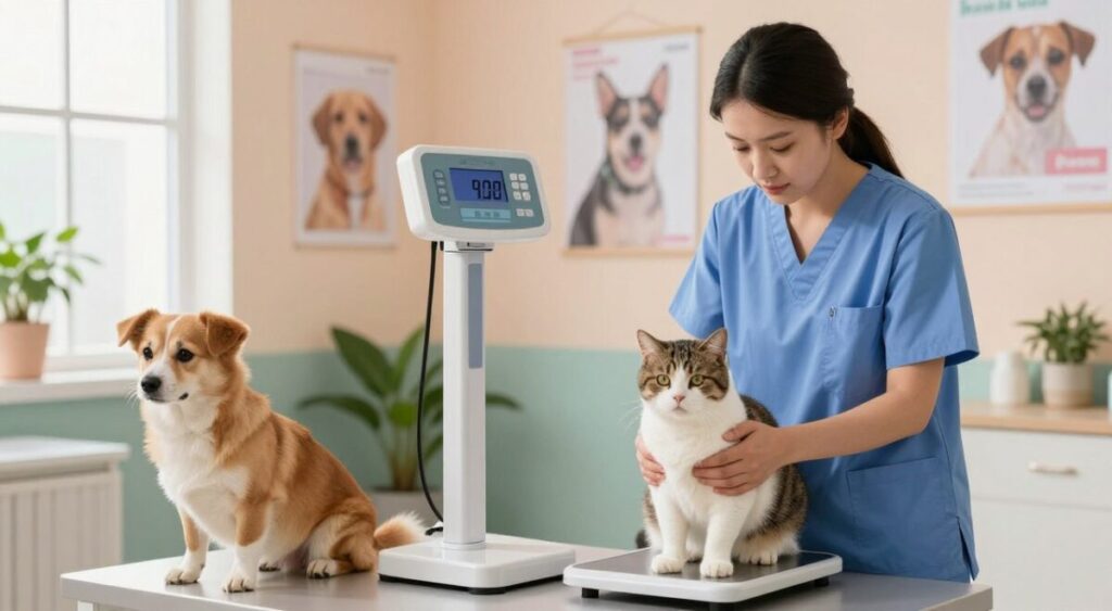 A serene veterinary clinic interior, depicting a caring veterinarian in professional attire weighing a healthy dog and cat on a digital scale. The foreground features the vibrant pets, looking alert and content. In the middle ground, a modern veterinary scale is prominently displayed with clear weight readings. The background includes calming pastel walls adorned with pet health posters and potted plants, contributing to a soothing atmosphere. Soft, natural light filters through a window, creating a warm and inviting mood. The overall composition emphasizes the importance of monitoring pets' ideal weight while promoting health and wellness. No text or captions included.