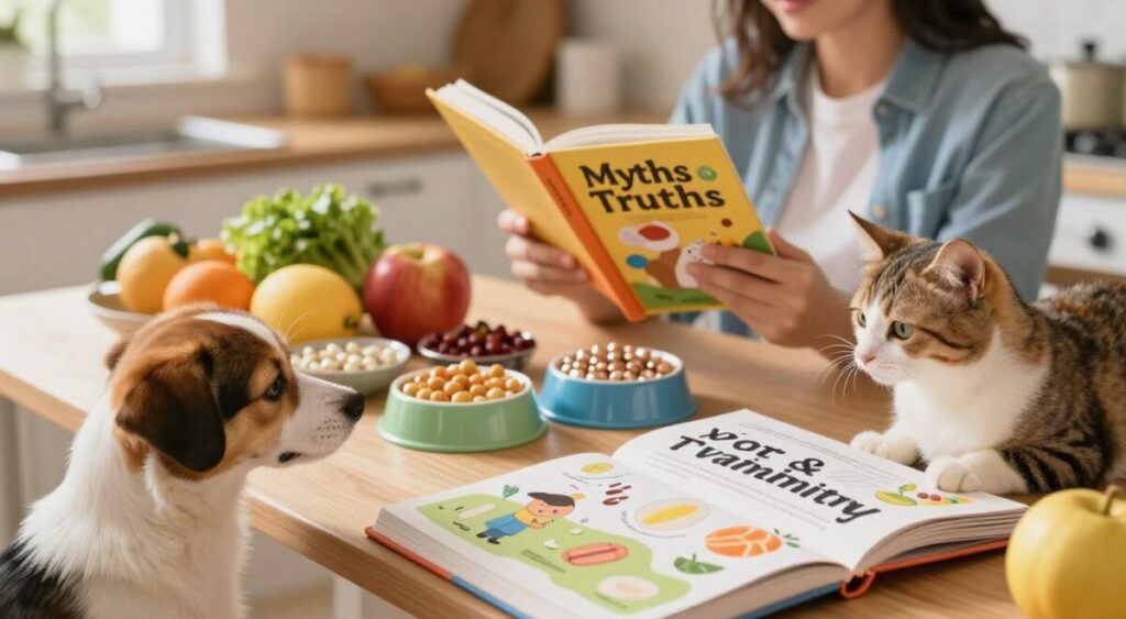 A split-scene showing the myths and truths about pet vitamins. In the foreground, a curious dog and a playful cat looking at a large, colorful book labeled "Myths & Truths" with illustrations of vitamins. In the middle ground, a vibrant kitchen setting with bowls filled with various pet vitamins and natural supplements, surrounded by fresh fruits and vegetables. Soft, warm light illuminates the scene, creating a cozy atmosphere. In the background, a pet owner, dressed casually, studies the book, highlighting the importance of understanding vitamins. The overall mood should be informative and inviting, encouraging pet owners to learn more about their pets’ nutritional needs.
