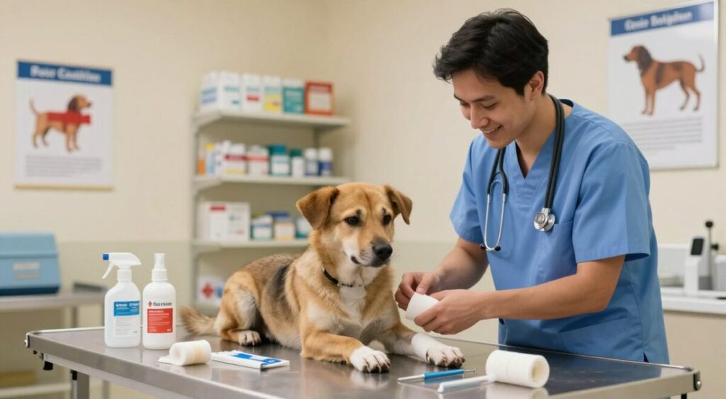 A veterinarian performing first aid on an injured dog in a well-lit, clean examination room. In the foreground, the vet, dressed in professional scrubs, gently applies bandages to the dog's paw while offering a reassuring smile. The dog, a medium-sized breed with a worried expression, is lying on a treatment table. In the middle ground, there are various first aid supplies scattered around, like antiseptic sprays, bandages, and medical tools, all meticulously organized. The background features shelves stocked with pet care products and a poster on the wall illustrating canine first aid tips. The atmosphere is calm and focused, emphasizing compassion and professionalism in animal care. Soft overhead lighting creates a warm and inviting ambiance.