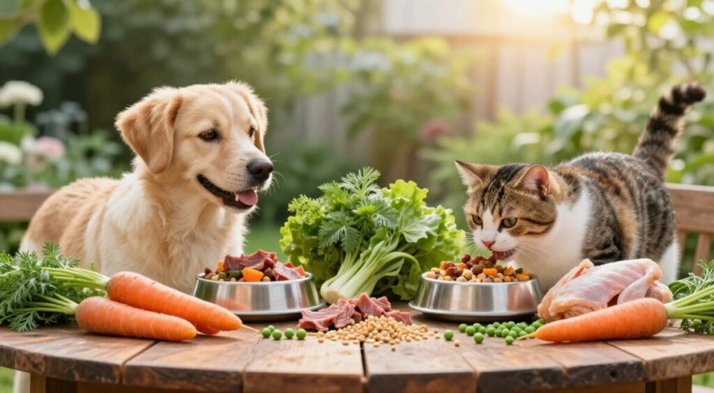 A vibrant and wholesome scene showcasing the benefits of natural feeding for pets, featuring a happy, healthy dog and cat sharing a nutritious meal made of fresh vegetables, lean meats, and grains on a rustic wooden table. In the foreground, the pets exhibit joyful expressions, engaging playfully with their meals, surrounded by colorful, fresh ingredients like carrots, peas, and chicken. In the middle, lush green plants and herbs complement the setting, enhancing the idea of vitality and health. The background subtly hints at a sunny garden, with soft, warm lighting casting a gentle glow, evoking a cheerful and nurturing atmosphere. The composition captures a peaceful, tranquil moment that reflects the positive impact of natural nutrition on pets’ health. A vibrant and wholesome scene showcasing the benefits of natural feeding for pets, featuring a happy, healthy dog and cat sharing a nutritious meal made of fresh vegetables, lean meats, and grains on a rustic wooden table. In the foreground, the pets exhibit joyful expressions, engaging playfully with their meals, surrounded by colorful, fresh ingredients like carrots, peas, and chicken. In the middle, lush green plants and herbs complement the setting, enhancing the idea of vitality and health. The background subtly hints at a sunny garden, with soft, warm lighting casting a gentle glow, evoking a cheerful and nurturing atmosphere. The composition captures a peaceful, tranquil moment that reflects the positive impact of natural nutrition on pets’ health.