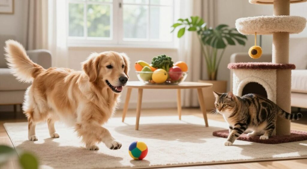 A vibrant living room setting featuring a cheerful scene of a golden retriever and a tabby cat, both engaging in playful activities that promote healthy lifestyles. In the foreground, the dog is joyfully chasing a colorful ball, while the cat is curiously exploring a cat tree filled with interactive toys. In the middle ground, a bowl of fresh fruits and vegetables is prominently placed on a low table, signifying healthy feeding habits. The background shows a sunny window with green plants, creating a warm and inviting atmosphere. Soft, natural light filters in, accentuating the playful expressions of the animals. The overall mood is uplifting and encouraging, showcasing prevention techniques for pet obesity through active play and healthy eating.
