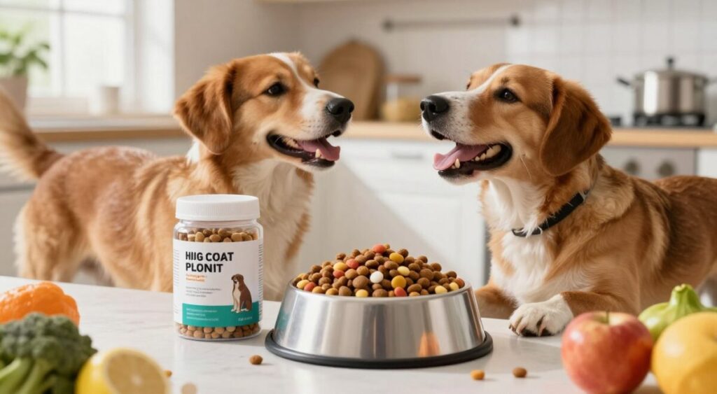 A vibrant, well-balanced dog food bowl filled with colorful kibble, surrounded by fresh fruits and vegetables, emphasizing nutrition for a shiny coat. In the foreground, a happy, healthy dog with a glossy coat is playfully interacting with its owner, who is wearing a casual but professional outfit. In the middle, a transparent container of high-quality supplements designed for pet coat health is placed next to the food bowl, showcasing the packaging clearly. In the background, a cozy, well-lit kitchen setting with soft natural light streaming through a window, casting warm tones to create a cheerful and inviting atmosphere. Emphasize the importance of diet and supplementation for pet coat health. Focus on clarity and cleanliness, ensuring no distractions in the composition.