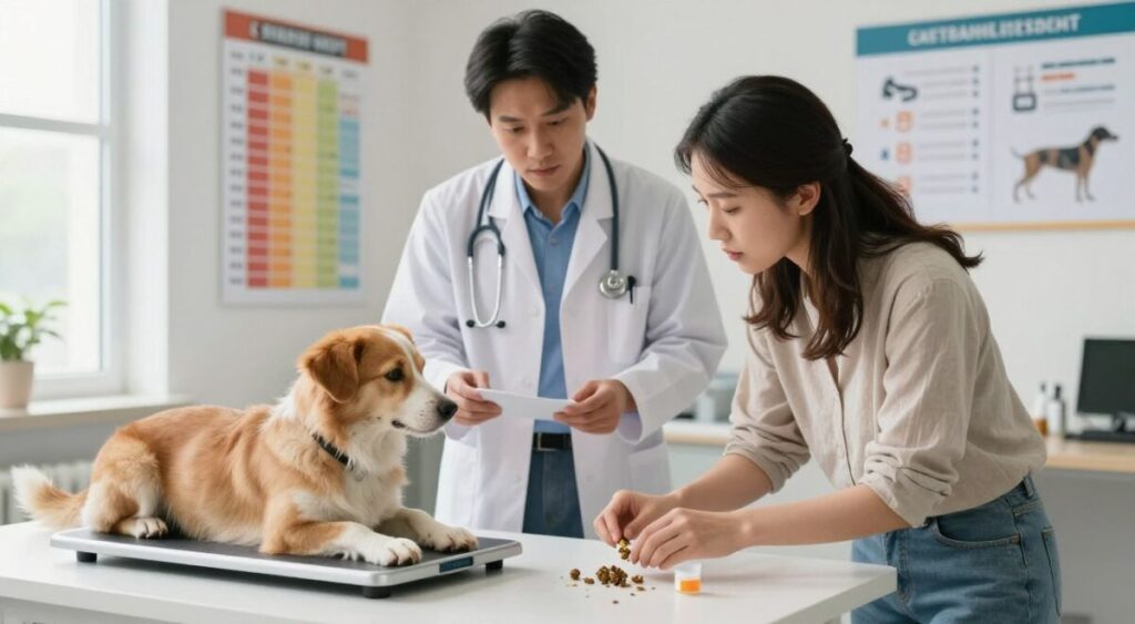 A vibrant, well-lit veterinary office scene focused on a concerned pet owner closely observing their dog’s health. In the foreground, the dog lies on a scale, with its weight displayed prominently, and the owner gently checks its stool and urine samples on a table nearby. In the middle, a vet stands attentively, discussing health indicators with the owner, who is dressed in casual, modest clothing. The background features colorful charts depicting healthy pet weight ranges and signs of wellness, along with a calming, professional environment with soft natural light streaming in through a window. The mood is serious yet supportive, emphasizing the importance of monitoring pet health.