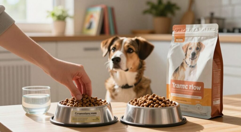 A warm and inviting kitchen scene, conveying the theme of transitioning pets to a new food. In the foreground, a hand gently mixes kibble from two different bowls, one representing an old food with a faded label and the other showcasing a vibrant, new brand. In the middle ground, a curious dog with bright eyes watches eagerly, while a bowl of water reflects the soft sunlight filtering through a window. The background features a cozy kitchen shelf with pet care books and a potted plant, adding a sense of homeliness. The overall atmosphere is calm and reassuring, with natural lighting creating soft shadows, suggesting care and attention in the pet’s dietary transition. The composition encourages trust and comfort in pet owners.
