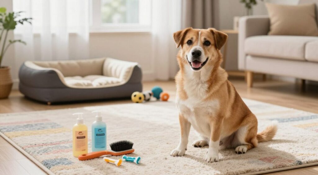 A warm and inviting living room featuring a healthy, well-groomed dog sitting calmly on a soft, colorful rug, showcasing signs of cleanliness and safety. In the foreground, a pet grooming kit—including a brush, shampoo, and dental treats—lies neatly arranged. In the middle ground, a cozy dog bed and a few toys illustrate a safe environment for the pet. The background shows windows with sheer curtains, allowing soft, natural light to illuminate the scene, creating a relaxed atmosphere. The overall mood conveys a sense of care and attention to hygiene, with gentle lighting and a depth of field that emphasizes the dog as the focal point, embodying health and happiness in a secure home environment.