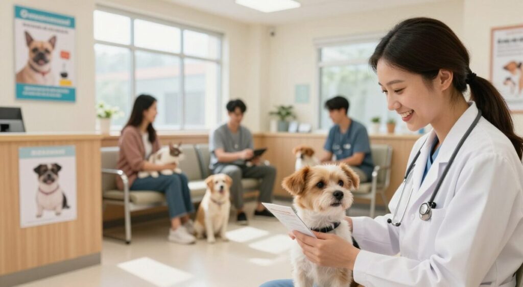 A warm and inviting veterinary clinic scene focused on pet health. In the foreground, a cheerful veterinarian wearing a white coat gently holds a small dog while examining its vaccination record. The middle ground features a welcoming reception area with pet care posters promoting vaccinations and regular check-ups. In the background, a waiting area with comfortable seating and happy pet owners, including a woman with a cat in her lap and a man with a dog, creates a sense of community and care. Soft, natural lighting through large windows casts a warm glow, enhancing the feeling of safety and trust. The overall atmosphere is calm, professional, and reassuring, emphasizing the importance of disease prevention through regular veterinary care.