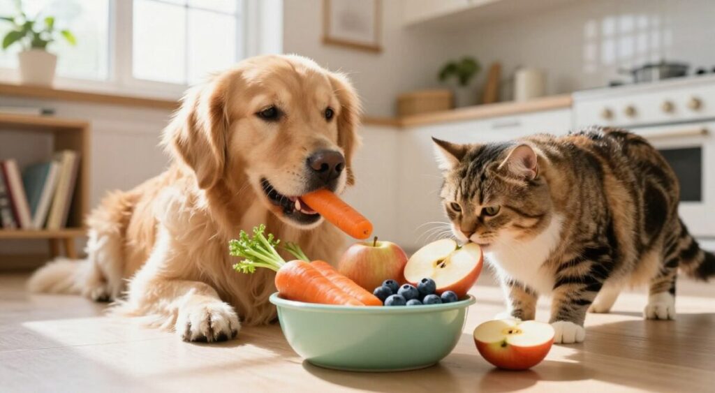 A warm, inviting kitchen setting where a dog and a cat are happily enjoying healthy pet food. In the foreground, a colorful bowl filled with fresh fruits and vegetables, such as carrots, apples, and blueberries, is prominently displayed. The middle ground features the dog, a golden retriever, playfully nibbling on a carrot, while the cat, a fluffy tabby, is curiously sniffing an apple slice. Sunlight streams through the window, creating a bright atmosphere with soft, natural lighting. The background shows shelves stocked with pet care books and a potted plant, emphasizing a nurturing environment. The overall mood is cheerful and wholesome, promoting the idea of healthy eating habits for pets.